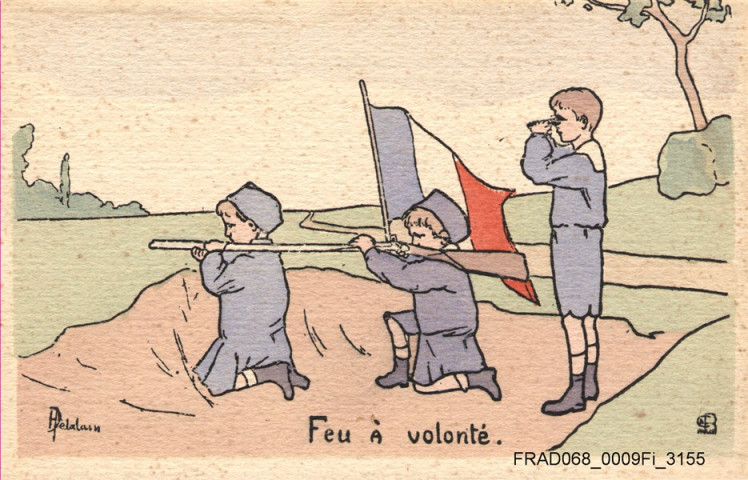 En Alsace : Feu à volonté. Enfants habillés en soldat tenant un fusil. Dessin par Delalain.