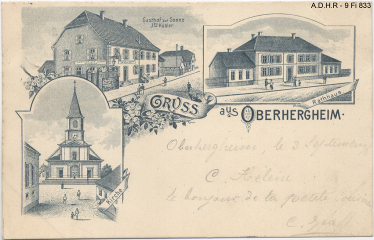 Oberhergheim : vues diverses (restaurant, mairie, église)