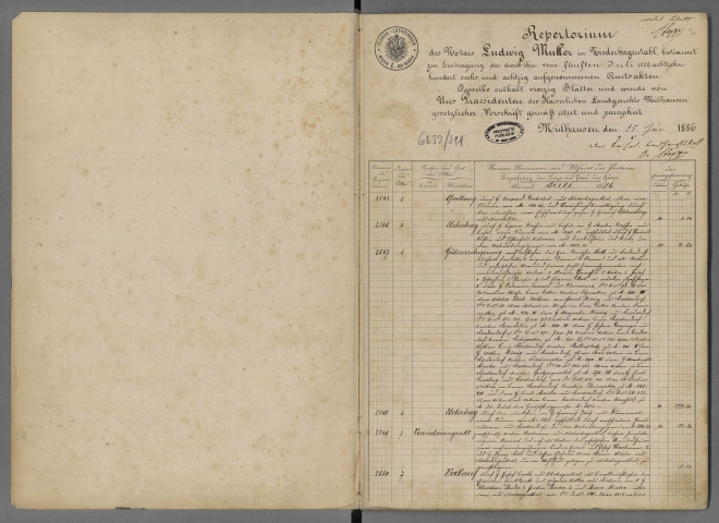 Répertoire chronologique Me Muller, 5 juillet - 25 novembre 1886 Répertoire chronologique Me Walter, 11 décembre 1886 - 10 juillet 1890