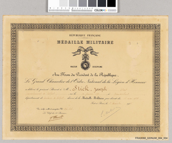 Diplôme de la médaille militaire décerné à Joseph Stick.