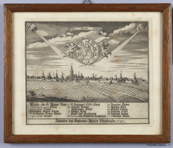 Die Statt Collmar, zu finden bey Ambrosius Müller, Buchkinder, 1737. Vue d'ensemble avec écusson, légende all.