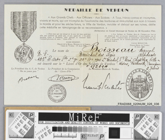 Certificat d'obtention de la médaille de Verdun.