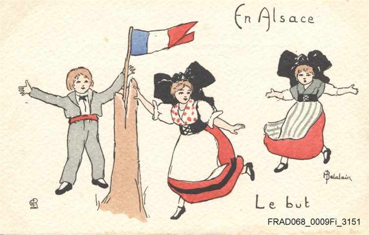 En Alsace : Le But. Personnages en costume autour d'un drapeau français. Dessin par Delalain