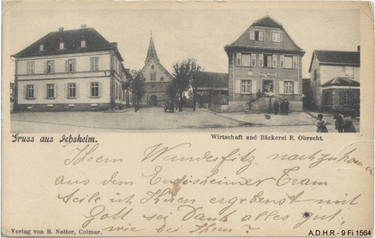 Jebsheim : auberge et boulangerie Obrecht, église du fonds