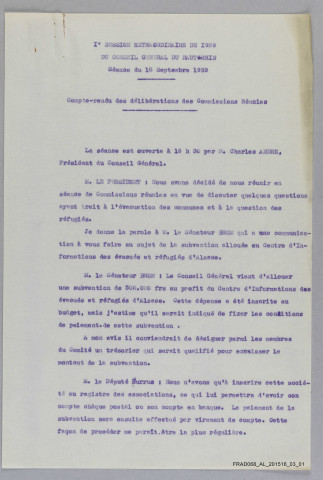 session extraordinaire du Conseil Général du Haut-Rhin - compte rendu de délibérations des commissions réunies