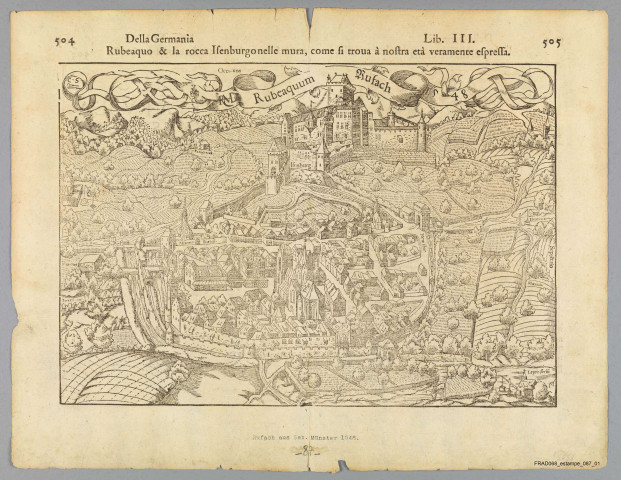 Rouffach : Rubeaquo et la rocca Isenburgo nelle mura, come si trova à nostra età veramente espressa. Vue cavalière. (Ext. De la Cosmographie universelle de S. Munster, Lib. III Della Germania, p. 504-505. Texte italien an v°