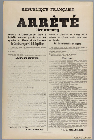 République Française. Arrêté relatif à la liquidation des biens et intérêts ennemis placés sous sequestre en Alsace et en Lorraine. Strasbourg, le 17 avril 1919.