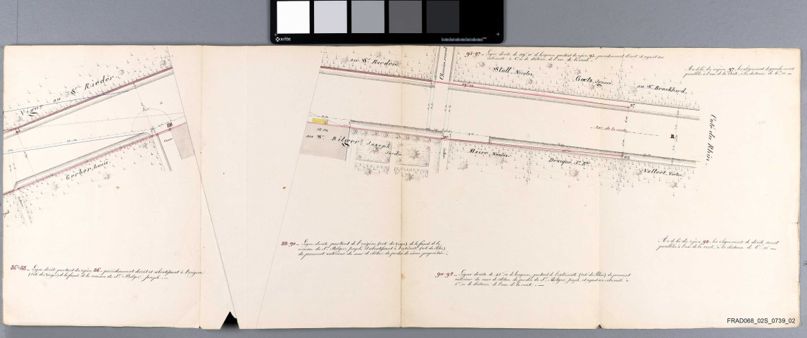 Plans d'alignement : des traverses de Kaysersberg (plan en 1821, en 1830 et en 1853), Kientzheim (plan en 1849), Lapoutroie (profils et 2 plans en 1850), Neuf-Brisach (plan en 2 feuilles en 1852) et Wolfgantzen (plan en 1829)