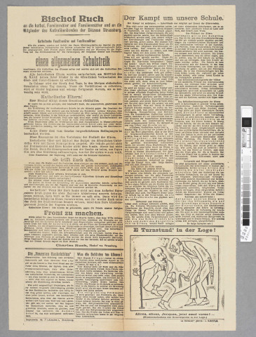 Extrait de l'édition spéciale de l'Elsaesser du 15 mars 1925 consacré à l'insturation d'écoles interconfessionnelles à Colmar (en entête, en allemand) : "Parents, ne vous laissez pas intimider"