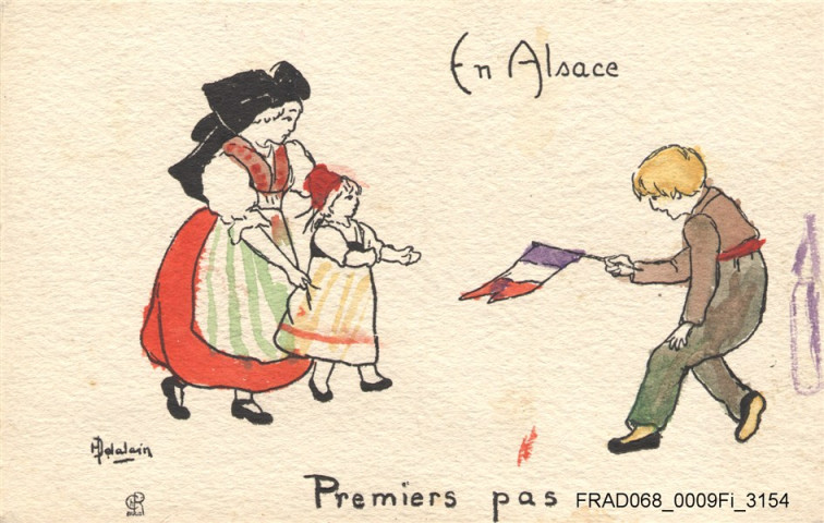 En Alsace : Premiers pas. Personnages en costume : enfant allant vers le drapeau français. Dessin par Delalain.