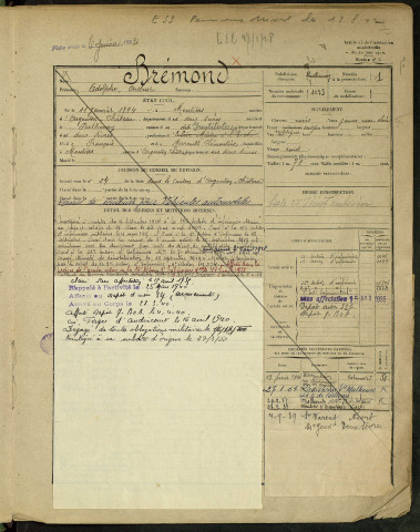 Bureau de recrutement de Colmar : table alphabétique et liste matricule des engagés volontaires non encore inscrits au registre matricule et des hommes des réserves étrangers à la subdivision pris en domicile (en 1 volume)