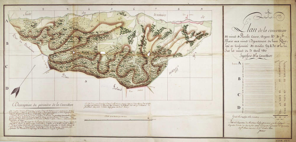Mines de houille, plomb, cuivre et argent de Sainte-Marie-aux-Mines et de Sainte-Croix-aux-Mines (plan en 1804, 2 plans en 1810, plan vers 1870) (1803-1870); mine de plomb argentifère de Rodern, Rorschwihr, Saint-Hippolyte et Orschwiller (plan en 1853) (1853-1864) 