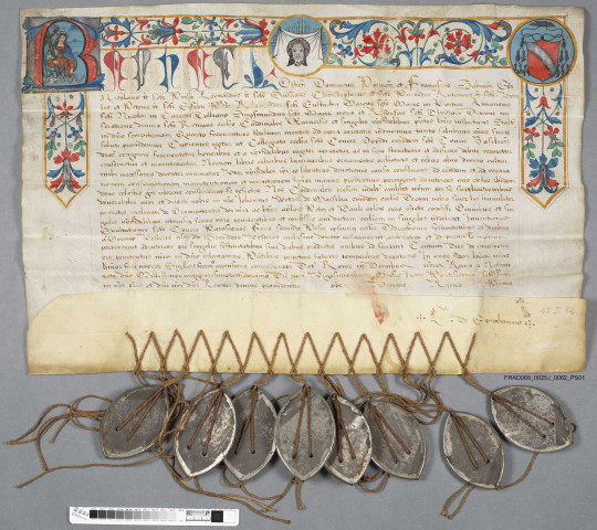 Indulgences accordées aux personnes qui visiteront l'église de Sainte-Croix-en-Plaine (parchemin latin enluminé)