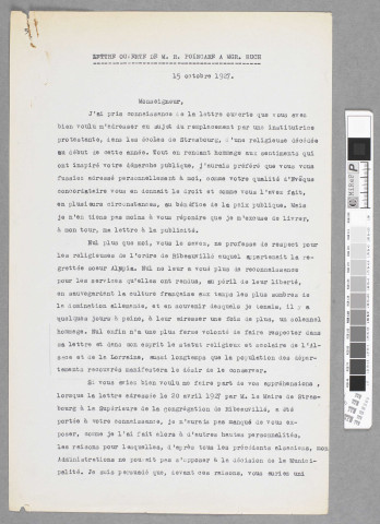Lettre ouverte du Président Poincaré à Monseigneur Ruch, au sujet du remplacement à Strasbourg d'une enseignante congréganiste par une enseignante laïque.