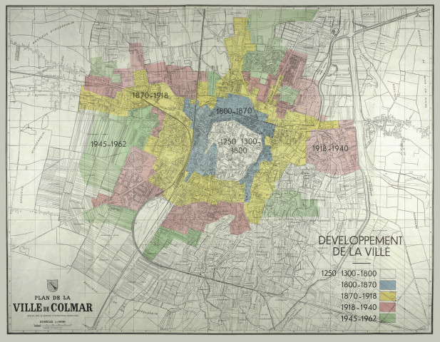 Colmar : plan de la ville de Colmar avec le développement de la ville de 1250 à 1962.