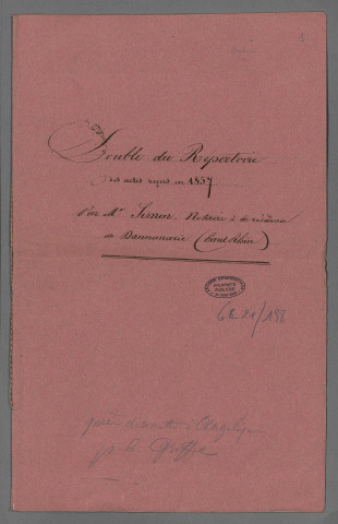 Double et copie de répertoire chronologique Me François Joseph Loetscher, 13 janvier 1857 Double et copie de répertoire chronologique Me Francis Ferdinand Simon, 1857