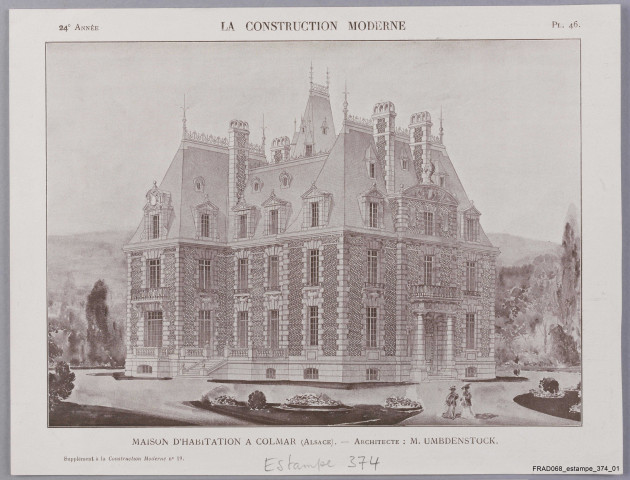 Colmar : villa Kiener. Planches 46-48 du Supplément à la Construction moderne n° 19 et p. 219-222, 231-234 de la Construction moderne