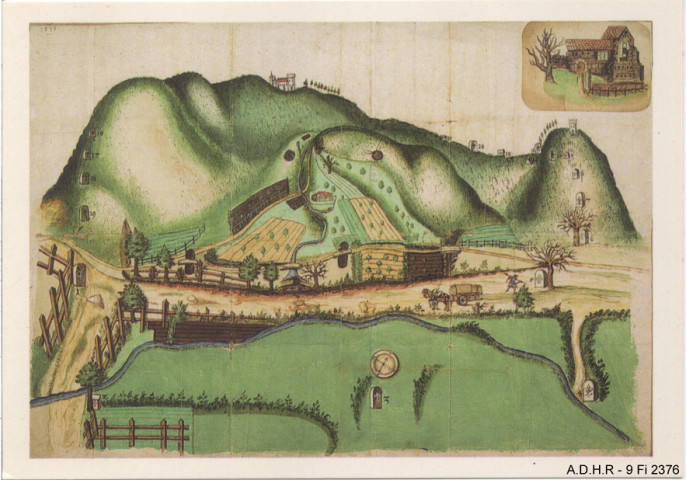 Archives Départementales du Haut-Rhin, vue cavalière du Prieuré de Saint-Gilles indiquant l'abornement de ses propriétaires, 1575