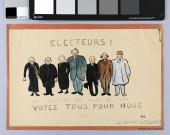 Placard de Robert Heitz, 1919. -
|
|Au cours de sa carrière, Robert Heitz réalise une série de dessins politiques caricaturant les chefs de l'autonomisme et leurs alliés cléricaux de l'Union populaire républicaine d'Alsace (U.P.R.). Ici : l'abbé Nicolas Delsor (1847-1927), qui fut sénateur de 1920 jusqu'à sa mort ; le chanoine Eugène Muller (1861-1948), un des pères du droit local alsacien ; l'abbé Émile Wetterlé (1861-1931), également journaliste ; le docteur Joseph Pfleger (1873-1957), chef de fil du parti catholique fondé en 1919 ; Daniel Blumenthal (1860-1930), maire de Colmar ; Thomas Seltz (1872-1959) et Émile Tauflieb (1857-1938).
|