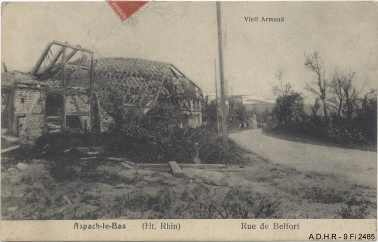 Aspach-le-Bas, rue de Belfort après bombardements