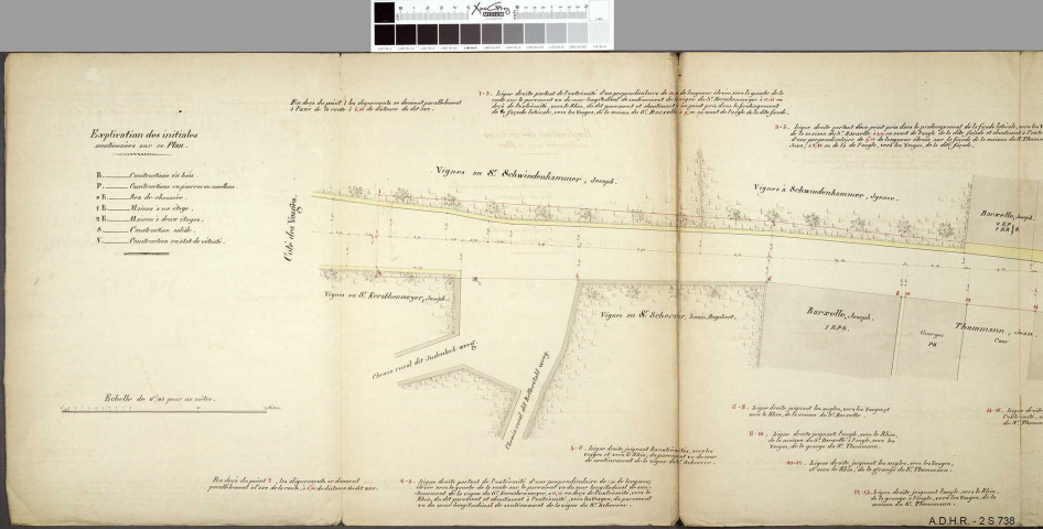 Plans d'alignement des traverses d'Andolsheim (plan en 1853), Bonhomme (plan en 1850), Colmar (plan en 3 feuilles en 1851, modification des alignements généraux à l'entrée de Colmar, le long de la cité ouvrière projetée par le manufacturier Herzog du Logelbach, avec 4 plans, en 1866-1869), Hachimette, hameau dépendant de la commune de Lapoutroie (plan et profils en 1851), Horbourg (plan en 1825) et Ingersheim (plan en 1850) 