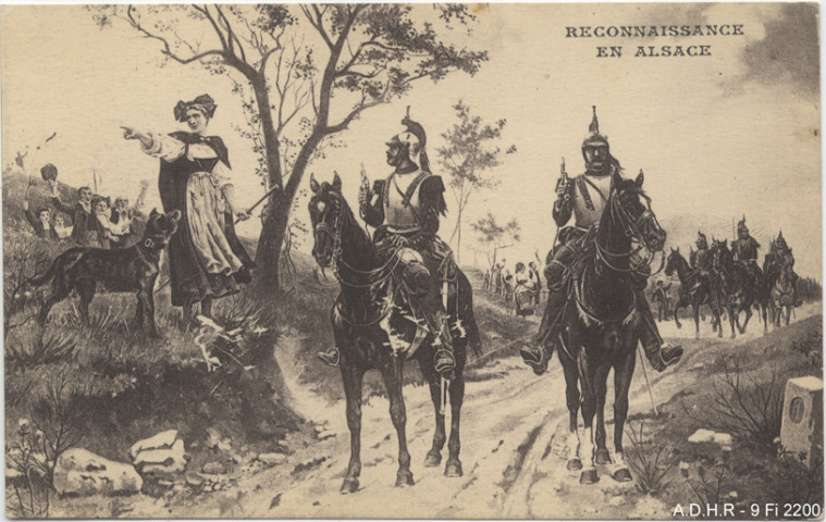 Reconnaissance en Alsace dessin représentant des cavaliers se renseignant auprès d'une Alsacienne