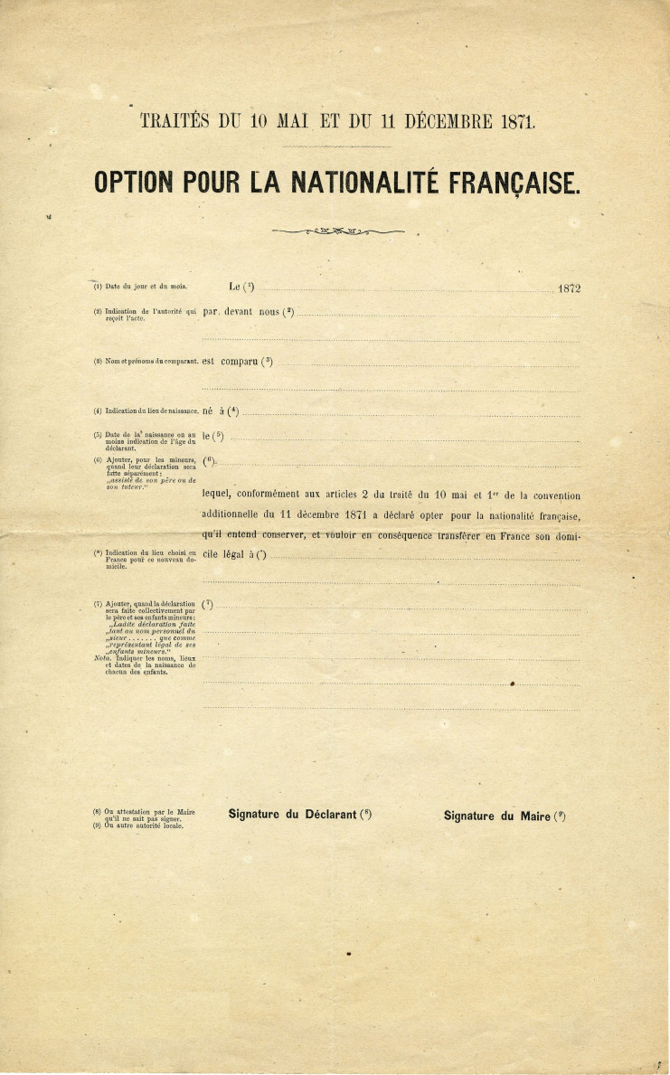 Formulaires d'option pour la nationalité en français - Archives d'Alsace - Colmar 21J 3