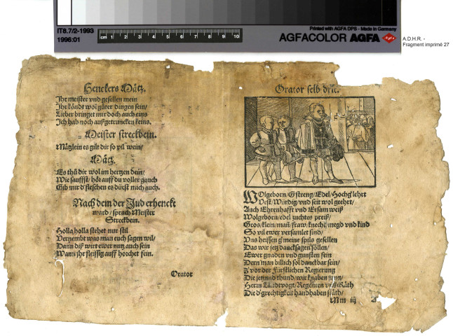 Extrait de la pièce de théâtre écrite par le curé Rasser d'Ensisheim donnée à Ensisheim par les élèves du collège les 9 et 10 août 1573