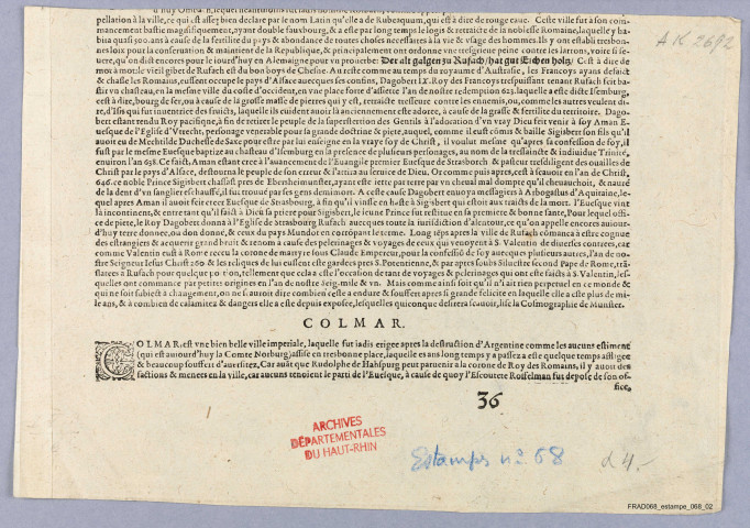 Colmaria, vulgo Kolmar. Vue cavalière (Extrait d'un ouvrage de géographie de Braun u. Hogenberg, vers 1575). Texte français au verso.