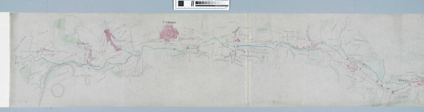 Ligne Mulhouse-Thann-Husseren-Wesserling: prolongement jusqu'à Husseren-Wesserling de la ligne Mulhouse -Thann (1 plan) (1856); maintien des voies de communications croisant la ligne et de l'écoulement des eaux (plans) (1861-1868); embranchement privé (plans) (1863-1864) 