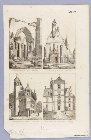 Maison gothique à Colmar, XVIe siècle (Maison Pfister) (Pl XCV d'un ouvrage d'architecture représentant aussi le portail des chartreux à Dijon, la chapelle de Pagny-le-Château et le manoir St-Ouen près Château Gontier