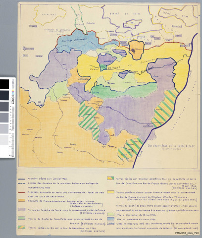 Carte des frontières de la Basse-Alsace au XVIIIe siècle dressée par Maurice Fallex, publiée dans Comité d'Etudes…, tome II : photocopie et reproduction graphique simplifiée.