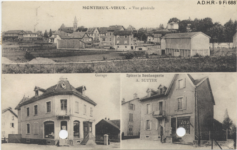 Montreux-Vieux : vue générale, garage, épicerie-boulangerie Sutter