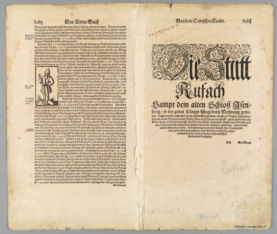 "Die Statt Roufach mit sampt dem Schloss Isenburg auffs fleissigest nach jetsiger Gelegenheit contrafehtet" Vue cavalière (Extr. de la "Cosmographie universelle" de S. Munster, III. Buch", von dem Teüschen land" DCLIIII- delv, 1548). Texte all. an v°