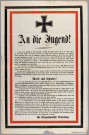 Affiche allemande : Conseils et exhortations à la Jeunesse par le Service de la guerre à Strasbourg concernant la participation de la jeunesse dans l'industrie et l'agriculture.