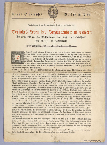 Specimen du livre "Deutsches leben der Vergangenheit in Bildern, aus dem 15.-18. Jahrhundert" (E. Diederich, Iena). 1 feuillet. Comprend entre autres gravures : un tournoi à Munich en 1500, une chasse au cerf au Palatinat en 1543, réjouissance populaires à Zurickan en 1573