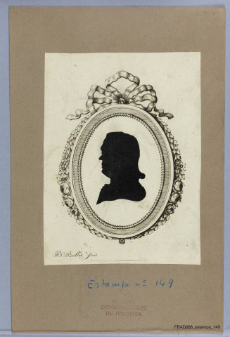 Silhouette en papier noir dans un cadre du graveur J.-B. Boillot, représentant W. Siebecker, prédicateur à Bouxwiller (1784)