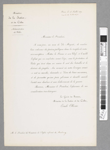 Lettre du Garde des Sceaux demandant au Président du Consistoire de faire célébrer des prières publiques dans les temples de sa circonscription au moment de la fête nationale.