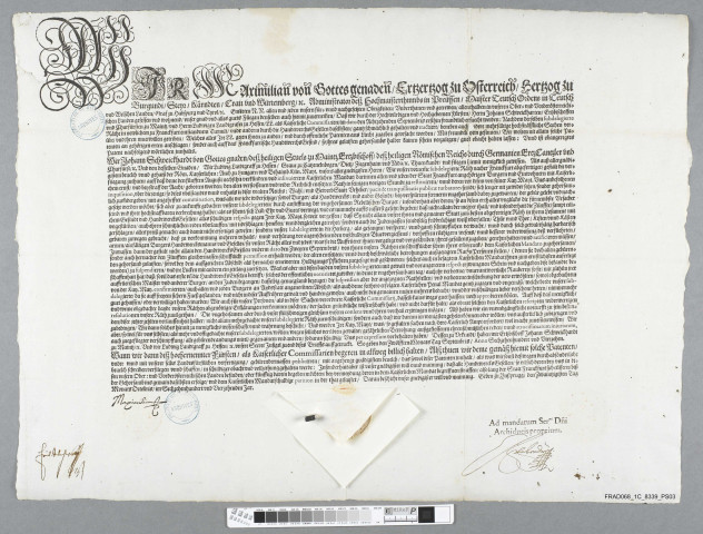 Affiche imprimée de l'archiduc Maximilien III faisant connaître les lettres patentes de commissaires impériaux chargés de régler la sédition des compagnons artisans de Francfort