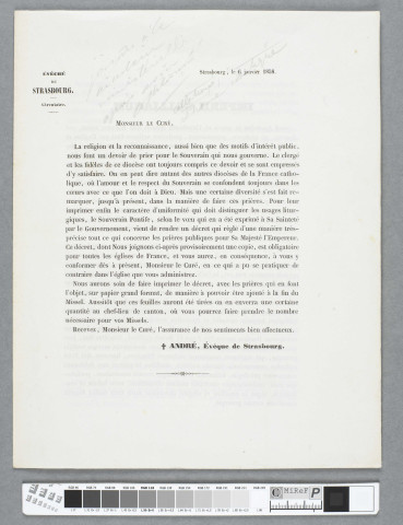 Circulaire de l'Evêque de Strasbourg invitant les curés à respecter un décret régulant les prières publiques pour l'Empereur.