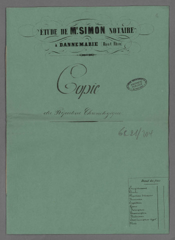 Double et copie de répertoire chronologique Me Francis Ferdinand Simon