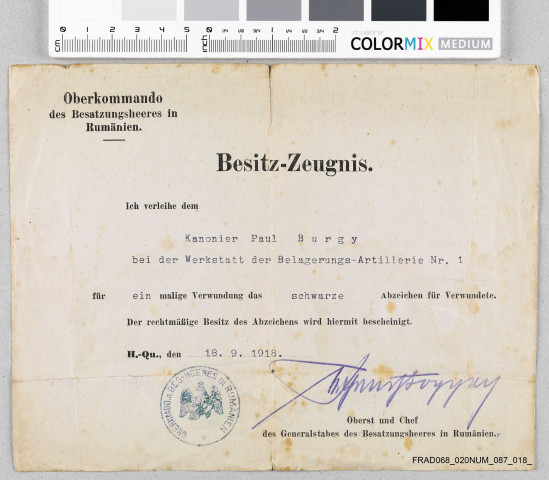 Certificat d'obtention d'une décoration (Abzeichen für Verwundete, Besatzungsheeres in Rumänien).