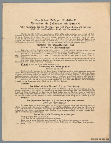 Affiche allemande : Adresse à la population "Déposez l'or à la Reichsbank ! Evitez de payer en espèces