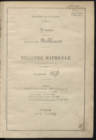 Bureau de recrutement de Mulhouse : registres (matricules 1-149)