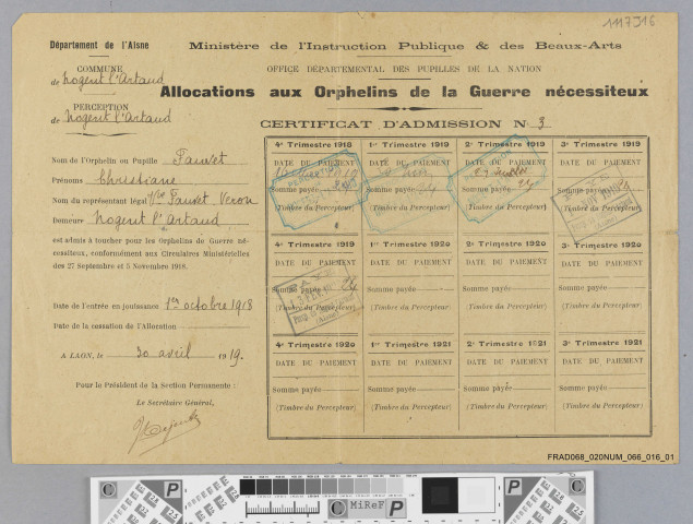 Certificat d'allocation mensuelle aux orphelins de guerre nécessiteux de Christiane Fauvet.
