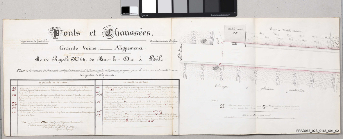  Plans d'alignement: traverses de Lutterbach (plan et profils en 1848, plan en 1852), Moosch (2 plans en 1838), Mulhouse (vue de la R.N.66 et de la R.D. 2 en 1852, plan et profils de la R.N. 66 en 1852, profils de la R.D. 2 en 1852), Pfastatt (plan en 1821), Rixheim (plan en 1853) et Saint-Amarin (2 plans en 1838)