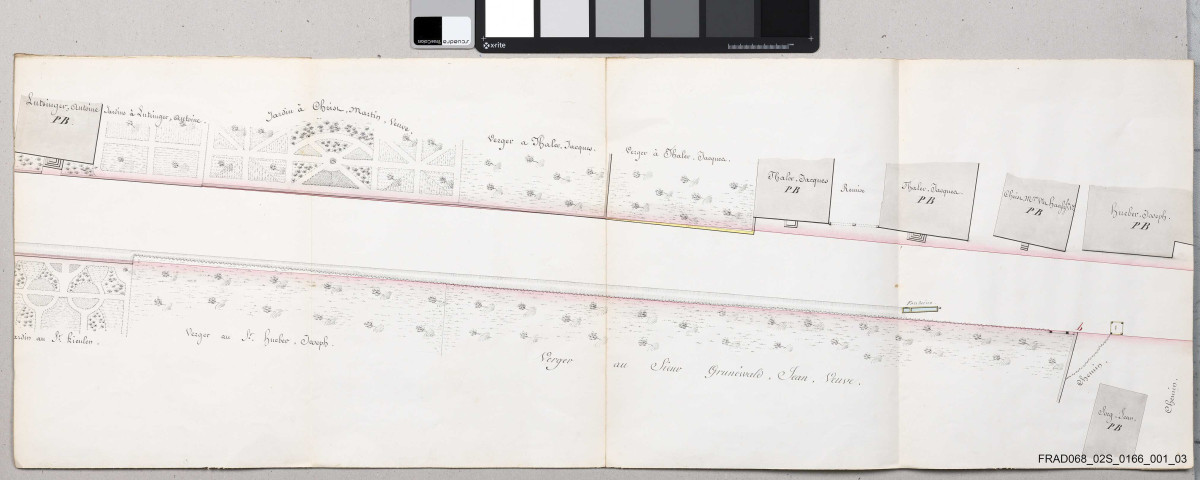  Plans d'alignement: traverses de Lutterbach (plan et profils en 1848, plan en 1852), Moosch (2 plans en 1838), Mulhouse (vue de la R.N.66 et de la R.D. 2 en 1852, plan et profils de la R.N. 66 en 1852, profils de la R.D. 2 en 1852), Pfastatt (plan en 1821), Rixheim (plan en 1853) et Saint-Amarin (2 plans en 1838)