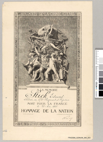 Affiche "A la mémoire de Stick Edmond" mort pour la France, conservée dans son étui d'envoi.