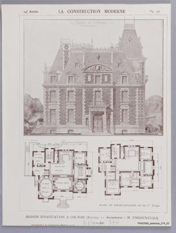 Colmar : villa Kiener. Planches 46-48 du Supplément à la Construction moderne n° 19 et p. 219-222, 231-234 de la Construction moderne