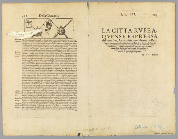 Rouffach : Rubeaquo et la rocca Isenburgo nelle mura, come si trova à nostra età veramente espressa. Vue cavalière. (Ext. De la Cosmographie universelle de S. Munster, Lib. III Della Germania, p. 504-505. Texte italien an v°